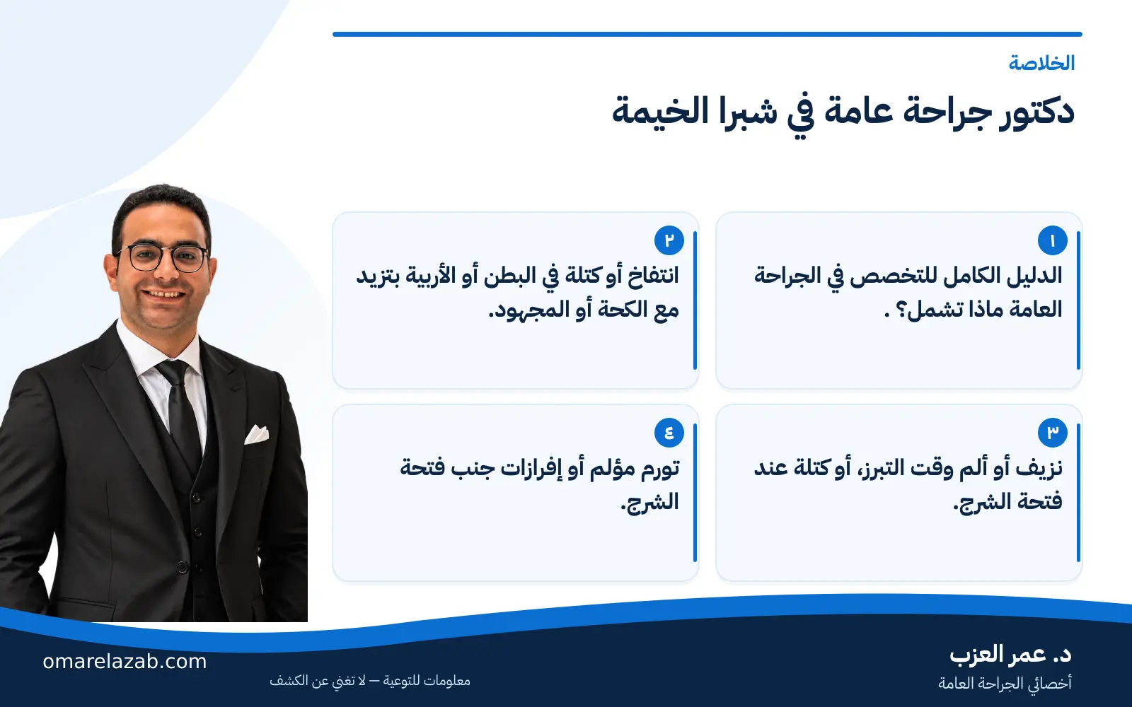 دكتور جراحة عامة في شبرا الخيمة: د. عمر العزب 1 إنفوجراف: دكتور جراحة عامة في شبرا الخيمة — الخلاصة، مع د. عمر العزب