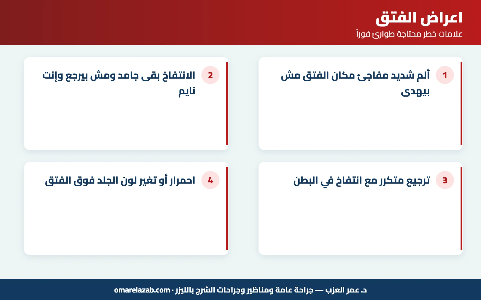 اعراض الفتق: إزاي تعرف إن عندك فتق؟ العلامات حسب مكانه وإمتى يبقى طوارئ (2026) 3 إنفوجراف: اعراض الفتق — علامات خطر محتاجة طوارئ فوراً