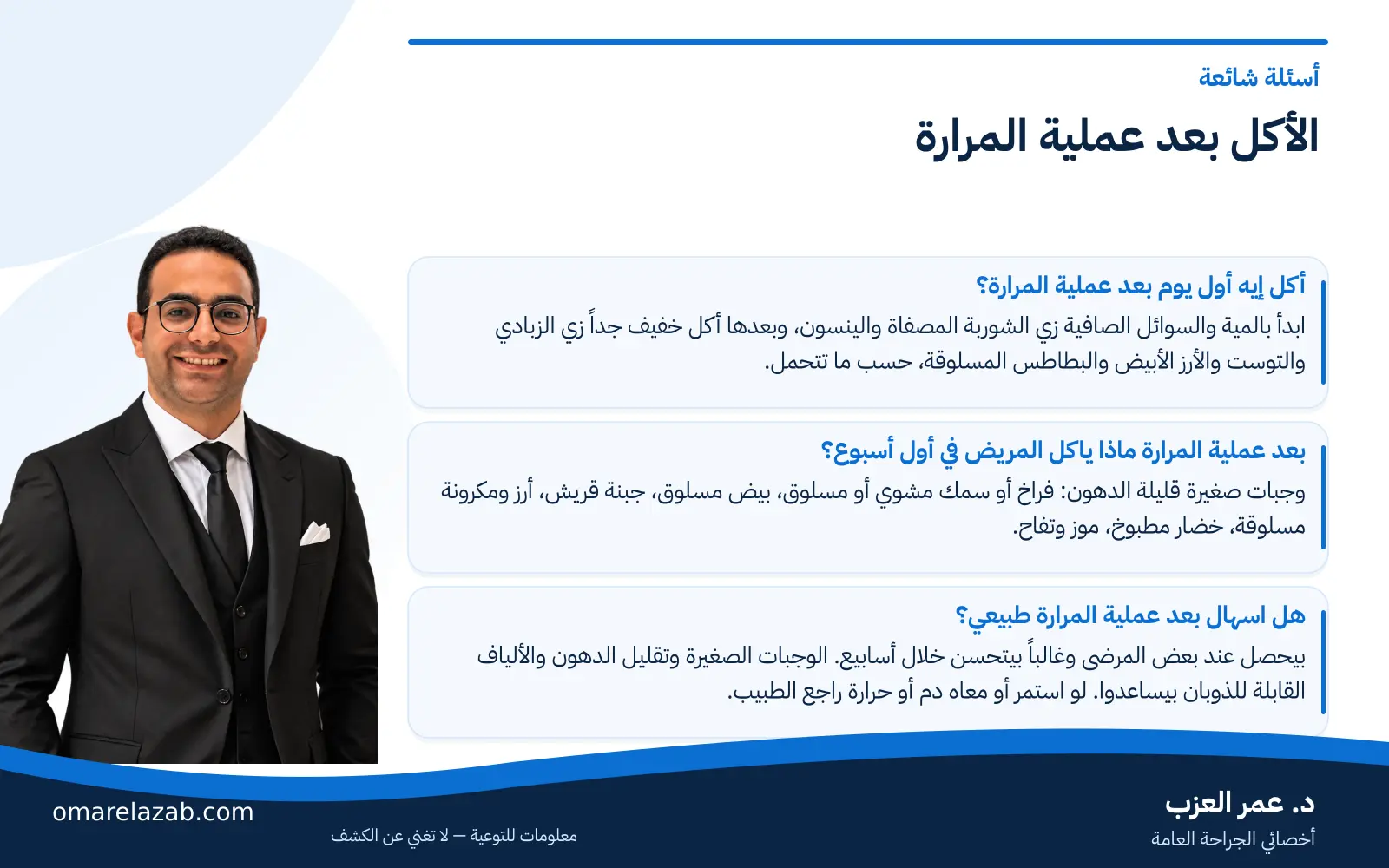 الأكل بعد عملية المرارة: تاكل إيه وتتجنب إيه من أول يوم لشهر 3 إنفوجراف: الأكل بعد عملية المرارة — أسئلة شائعة، مع د. عمر العزب