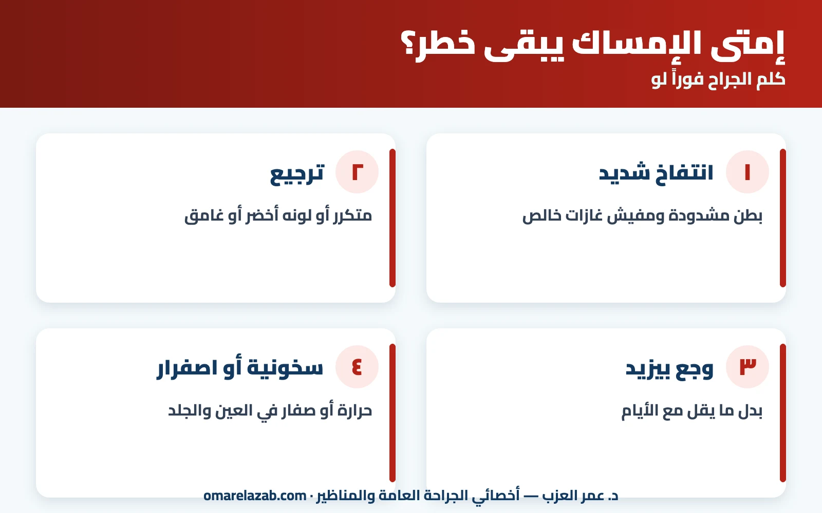 الامساك بعد عملية المرارة: ليه بيحصل وتعمل إيه؟ وإمتى يبقى خطر — وبعد الزائدة كمان (2026) 3 إنفوجراف: علامات خطر الامساك بعد العملية