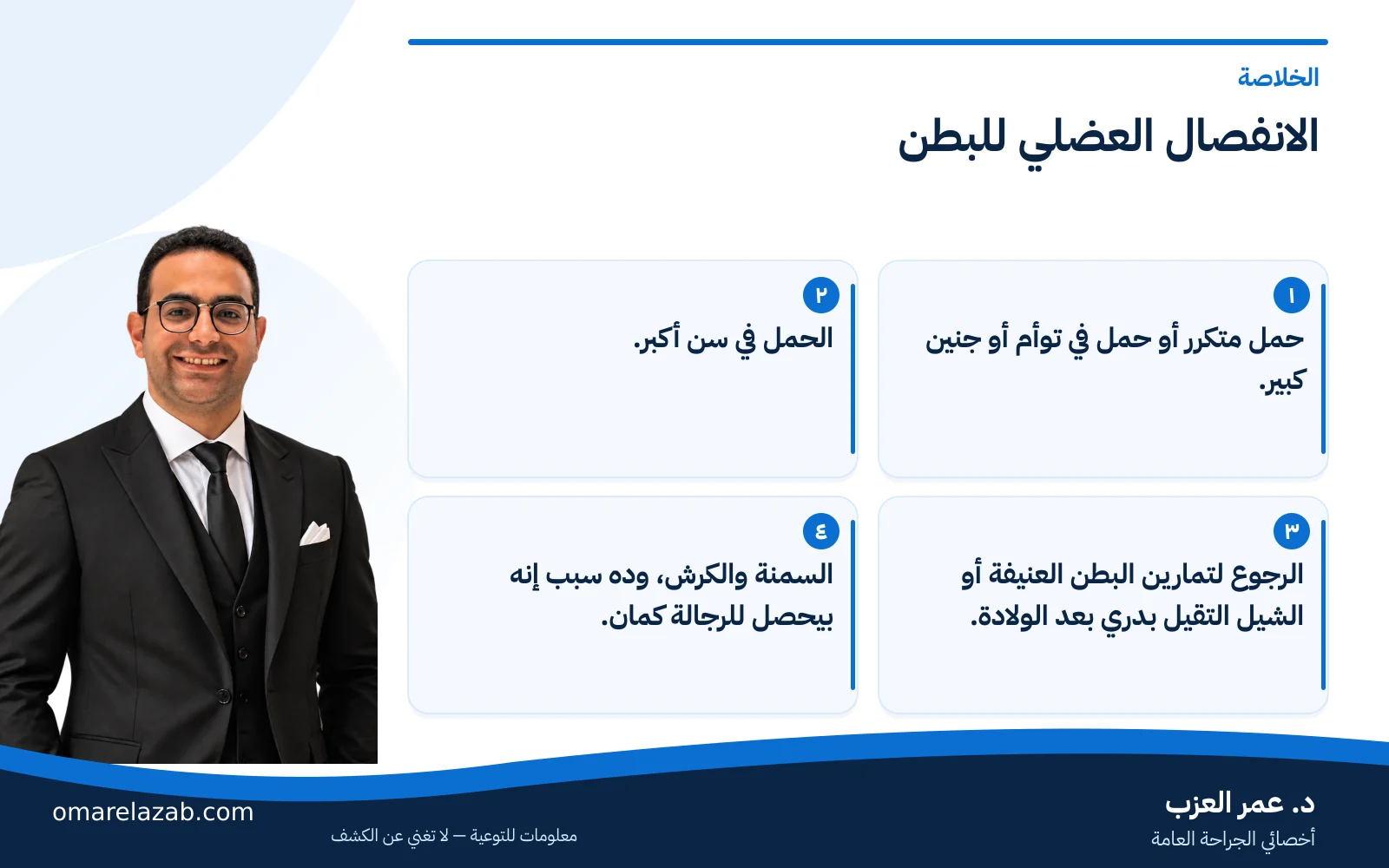 الانفصال العضلي للبطن: الفرق بينه وبين الفتق وعلاجه بعد الولادة والقيصرية (2026) 1 إنفوجراف: الانفصال العضلي للبطن — الخلاصة، مع د. عمر العزب