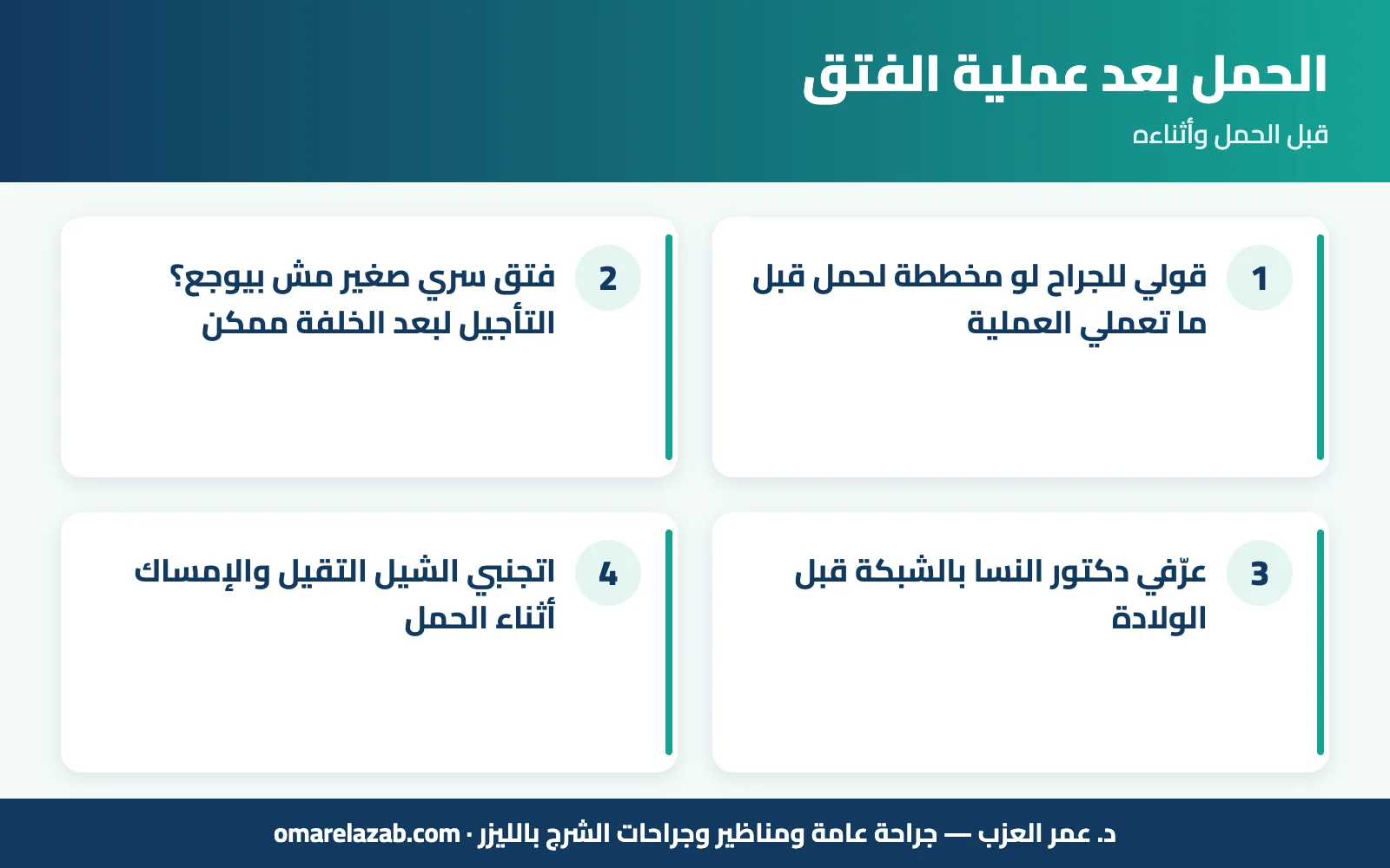 الحمل بعد عملية الفتق: إمتى ينفع؟ وهل الشبكة بتأثر على الحمل والولادة؟ (2026) 2 إنفوجراف: الحمل بعد عملية الفتق — قبل الحمل وأثناءه