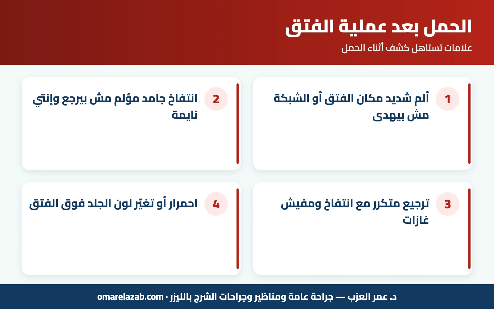 الحمل بعد عملية الفتق: إمتى ينفع؟ وهل الشبكة بتأثر على الحمل والولادة؟ (2026) 3 إنفوجراف: الحمل بعد عملية الفتق — علامات تستاهل كشف أثناء الحمل