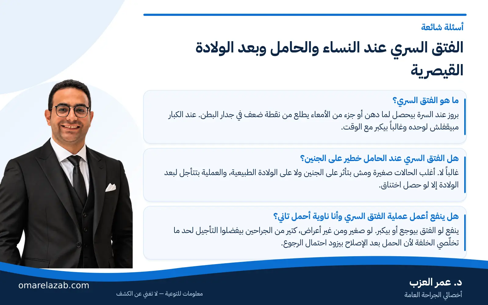 الفتق السري عند النساء والحامل وبعد الولادة القيصرية: الأعراض وإمتى العملية 3 إنفوجراف: الفتق السري عند النساء والحامل وبعد الولادة القيصرية — أسئلة شائعة، مع د. عمر العزب