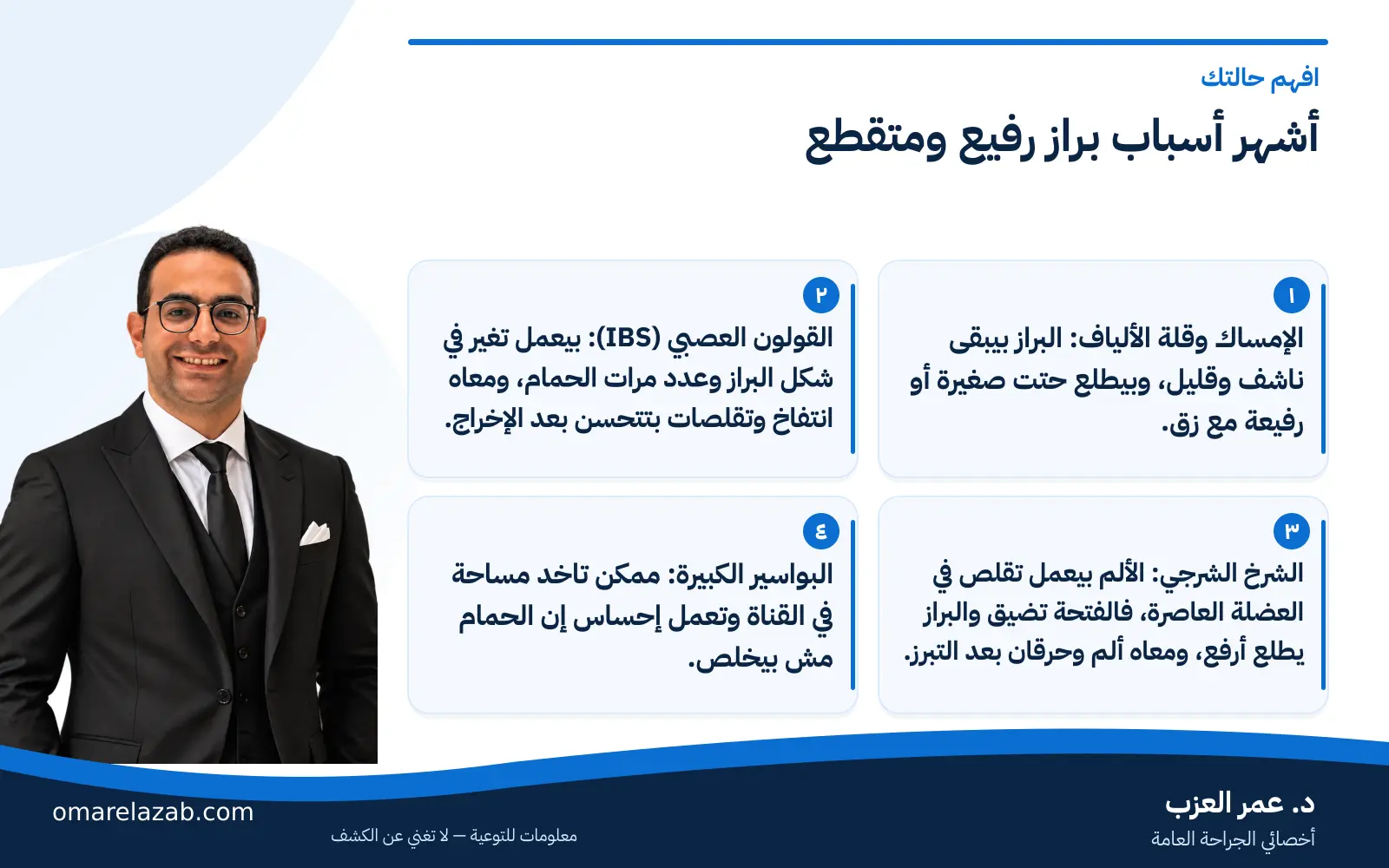 براز رفيع ومتقطع: الأسباب وإمتى يكون علامة خطر محتاجة كشف؟ (2026) 2 إنفوجراف: أشهر أسباب براز رفيع ومتقطع — افهم حالتك، مع د. عمر العزب