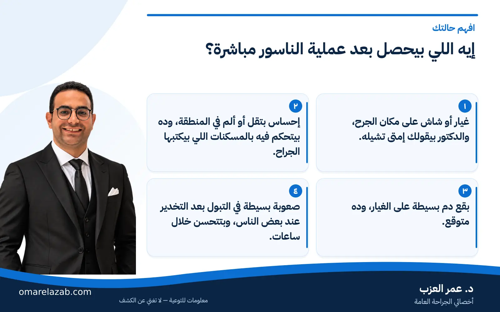 بعد عملية الناسور: مدة التئام الجرح والإفرازات والعناية الصح 2 إنفوجراف: إيه اللي بيحصل بعد عملية الناسور مباشرة؟ — افهم حالتك، مع د. عمر العزب