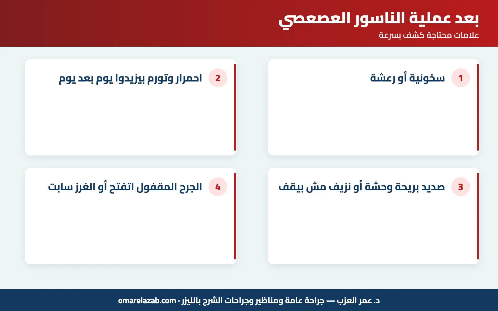 بعد عملية الناسور العصعصي: الغيار والجلوس والإفرازات ومدة الشفاء — للجرح المفتوح والمقفول (2026) 3 إنفوجراف: بعد عملية الناسور العصعصي — علامات محتاجة كشف بسرعة