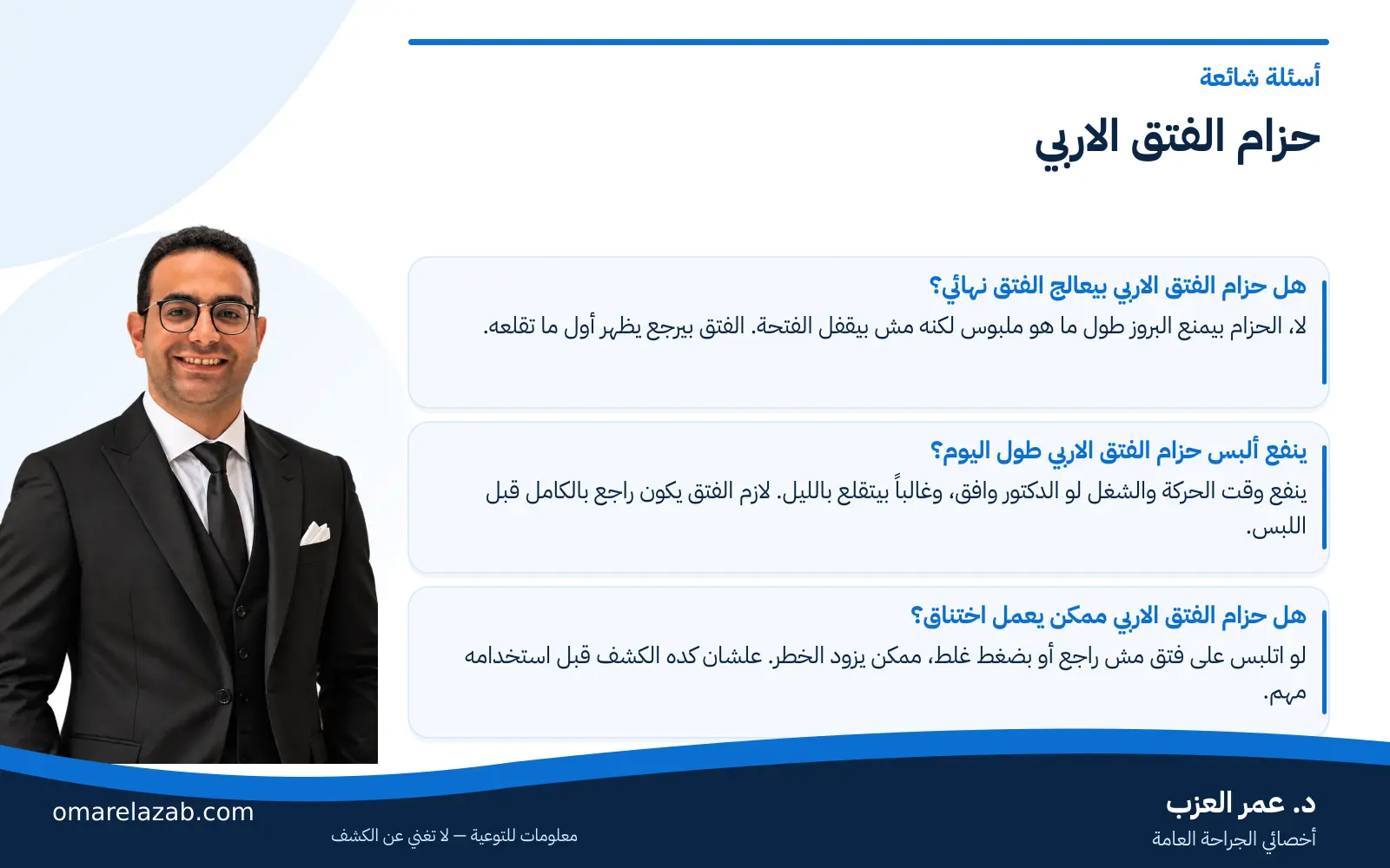 حزام الفتق الاربي: هل بيعالج الفتق؟ وإمتى يتلبس وإمتى يبقى خطر 3 إنفوجراف: حزام الفتق الاربي — أسئلة شائعة، مع د. عمر العزب