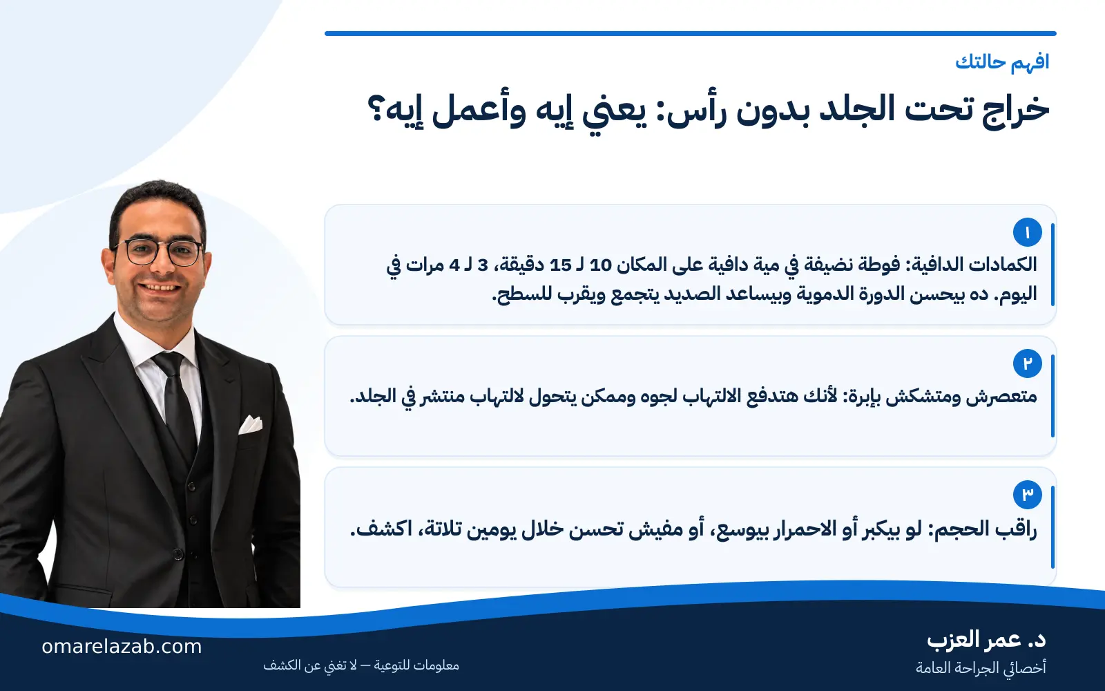 خراج تحت الجلد: بدون رأس، تحت الإبط، وإمتى يحتاج فتح 2 إنفوجراف: خراج تحت الجلد بدون رأس: يعني إيه وأعمل إيه؟ — افهم حالتك، مع د. عمر العزب