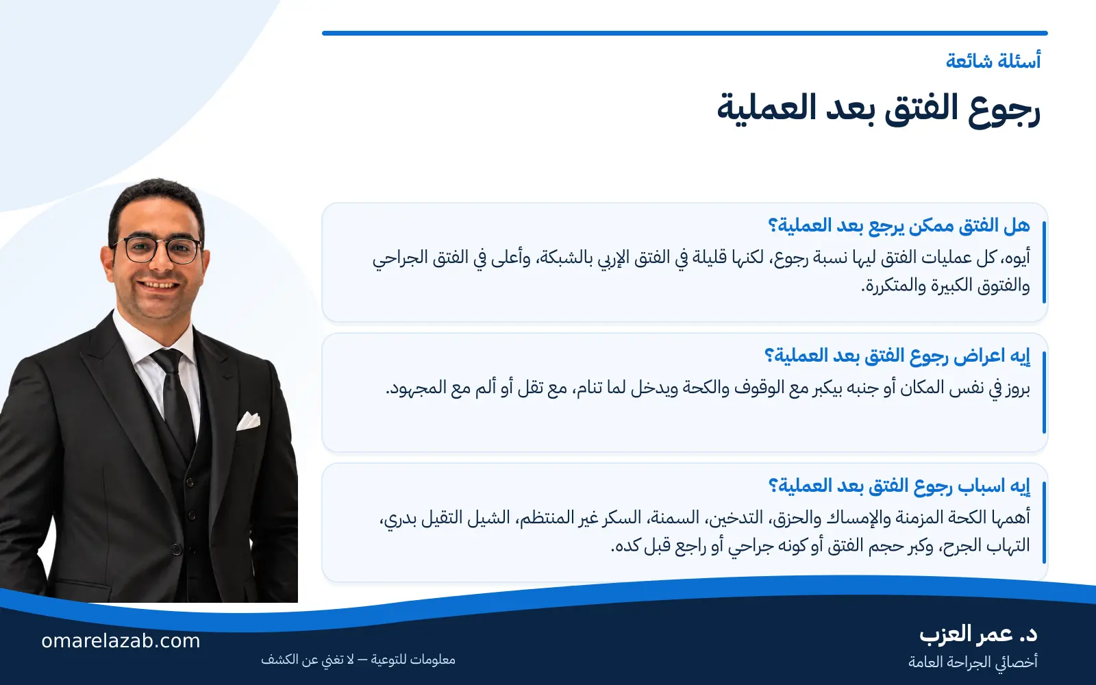 رجوع الفتق بعد العملية: الأسباب والأعراض وإزاي تفرّقه عن تجمع السوائل والعلاج (2026) 3 إنفوجراف: رجوع الفتق بعد العملية — أسئلة شائعة، مع د. عمر العزب
