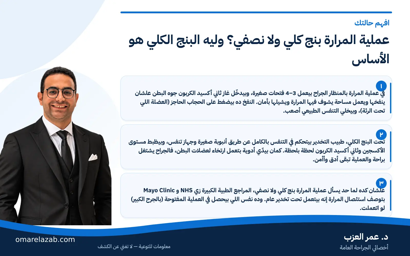 عملية المرارة بنج كلي ولا نصفي؟ نوع البنج ومدة العملية والإفاقة خطوة بخطوة (2026) 2 إنفوجراف: عملية المرارة بنج كلي ولا نصفي؟ وليه البنج الكلي هو الأساس — افهم حالتك، مع د. عمر العزب