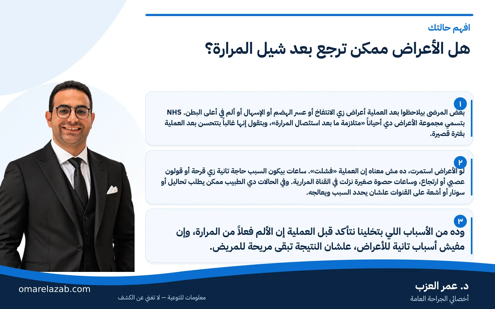 هل عملية المرارة خطيرة؟ المخاطر الحقيقية وإزاي بتقل 2 إنفوجراف: هل الأعراض ممكن ترجع بعد شيل المرارة؟ — افهم حالتك، مع د. عمر العزب